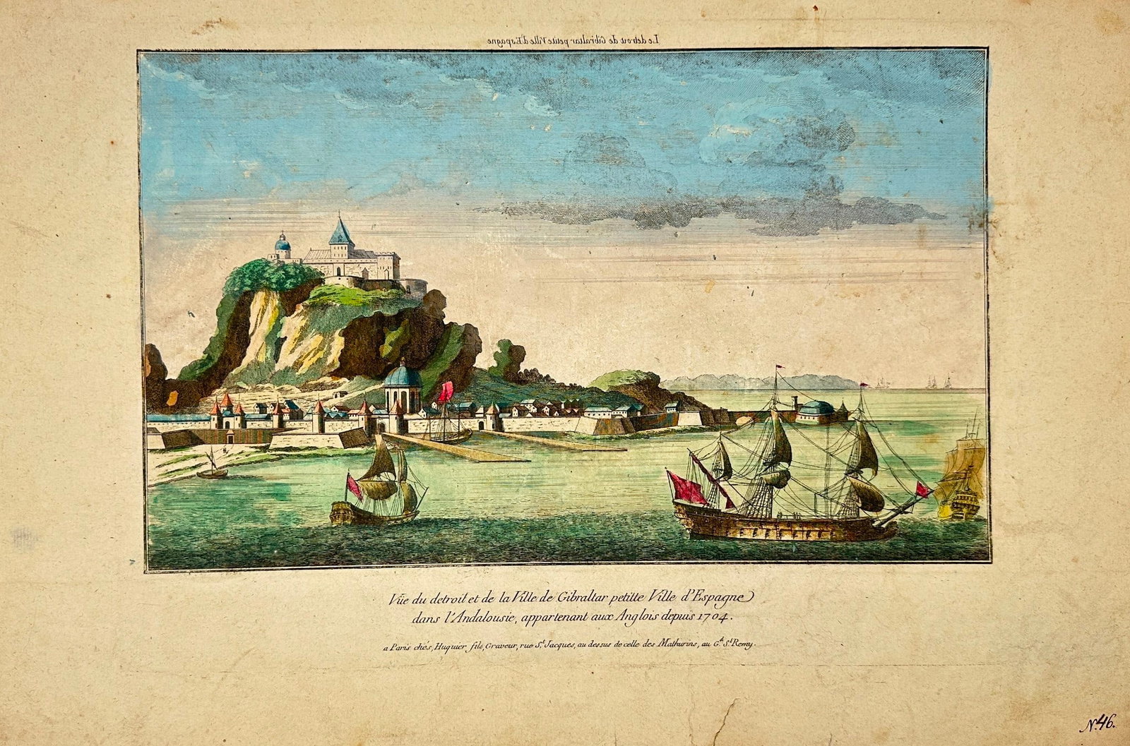 Jaques Gabriel Huquier – View of the Strait and Town of Gibraltar: This hand-coloured engraving by Jaques Gabriel Huquier presents a detailed panoramic view of the town and strait of Gibraltar, located in Andalusia, historically part of Spain but under British contro