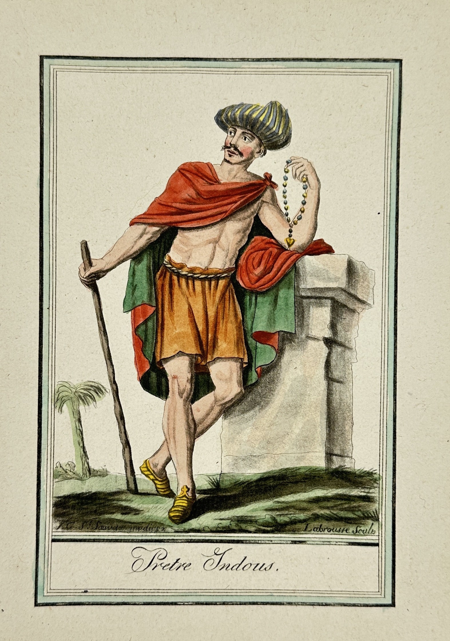 F. Labrousse after Jacques Grasset de Saint-Sauveur (1757–1832) – Pêtre Indous (Hindu Priest): This captivating hand-colored engraving, titled "Pêtre Indous" (Hindu Priest), depicts a figure in traditional attire, leaning against a stone pedestal, holding a staff and prayer beads. Designed by 