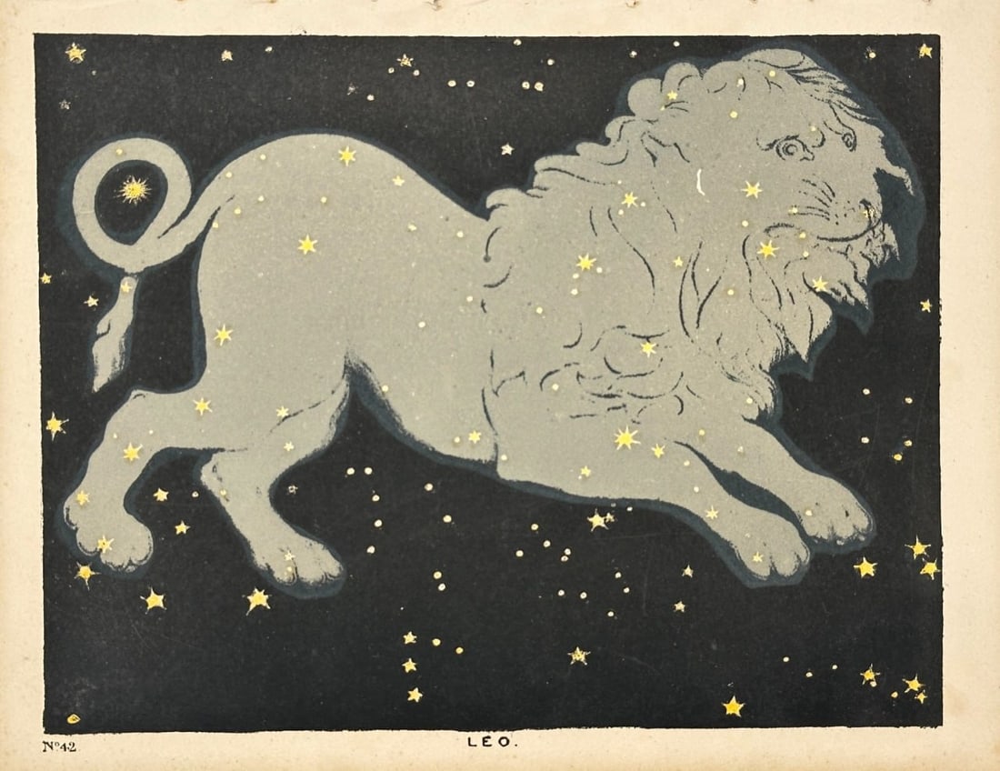 Charles Blunt (active 1830s–1840s) – Leo – Hand-Coloured Aquatint (1849): This hand-coloured aquatint of the zodiac constellation Leo is taken from The Beauty of the Heavens: A Pictorial Display of The Astronomical Phenomena of The Universe (1849), created by astronomer and
