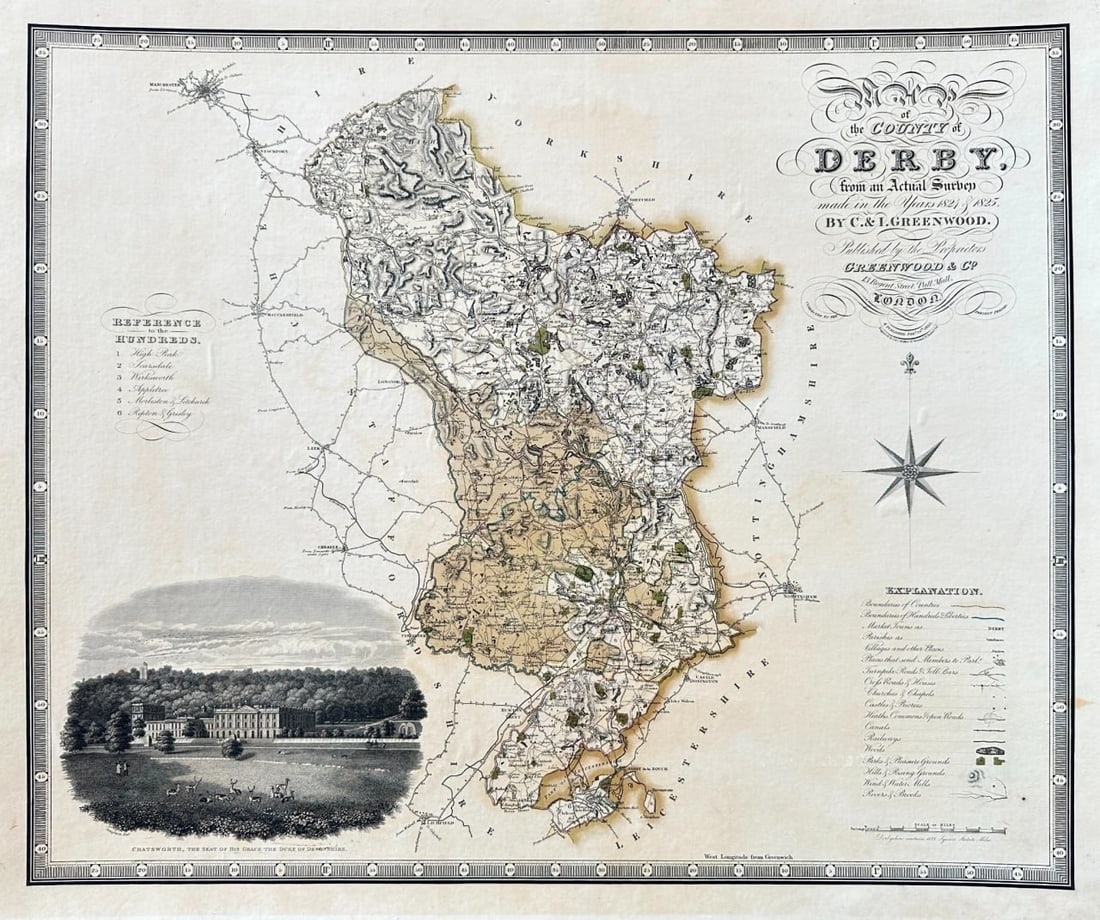 John Walker & Charles Walker – Map of the County of Derby – Hand-Colored Engraving: This beautifully hand-colored map titled The County of Derby was engraved by John Walker and Charles Walker from an actual survey made in 1824–1825. It was published in Greenwood's Atlas of the Coun