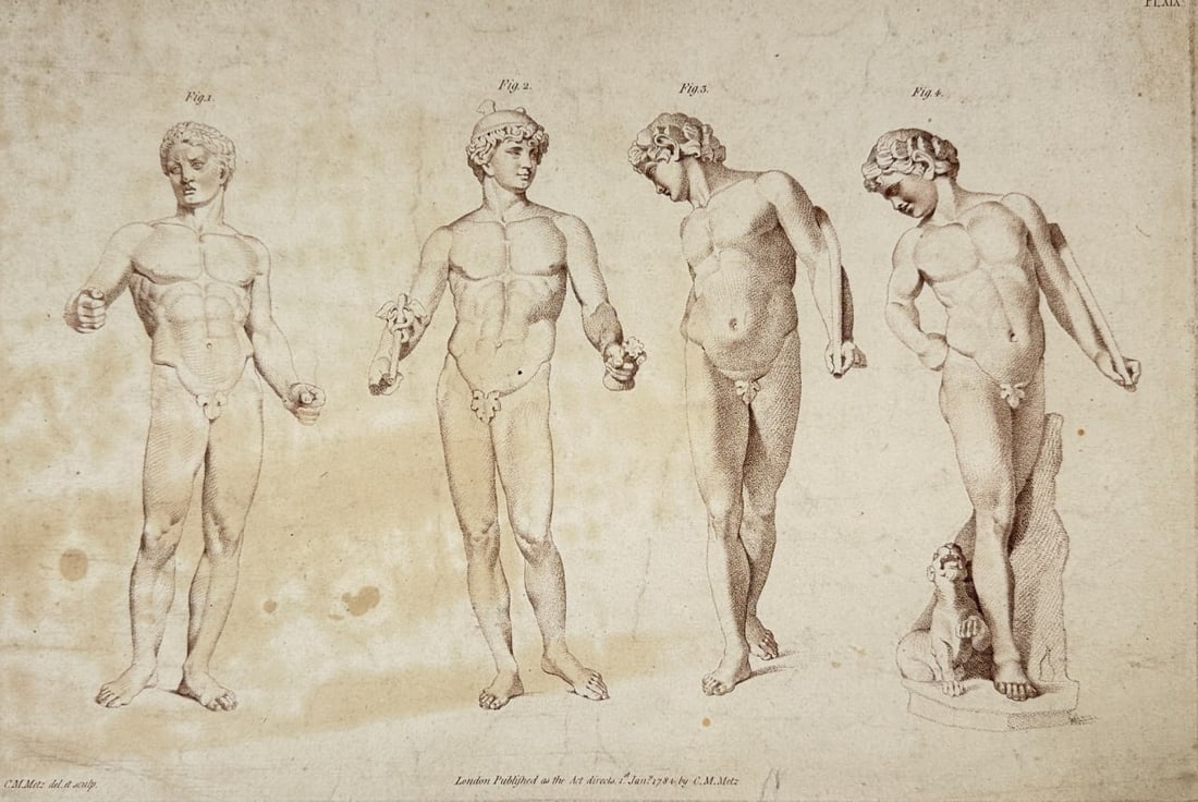 Charles H. Motte – Plate of Male Antique Statues – Stipple Engraving (1826) (1 of 3)