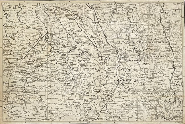 John Gibson – Map of Saxony, Including Bautzen and Görlitz - Copperplate Engraving (1761): This copperplate engraving by John Gibson, published in 1761, presents a detailed map of Saxony, a historical region in present-day Germany. The map meticulously delineates key towns such as Bautzen a