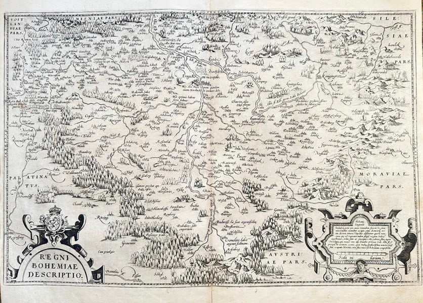 Abraham Ortelius (1527–1598) – Map of the Czech Republic the Kingdom of Bohemia: This highly detailed copperplate engraving presents a significant map titled "REGNI BOHEMIAE DESCRIPTIO." (Description of the Kingdom of Bohemia). The map intricately delineates the region's geographi