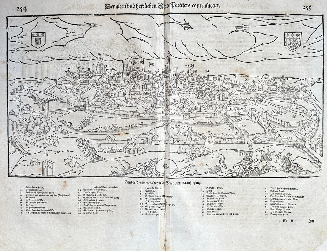 Sebastian Munster (1488–1552) – The Old and Glorious City of Poitiers (France): This woodcut engraving, with its title in old German, "Der alten und herrlichen Statt Buetiers contraractur," provides a detailed panoramic view of the city of Poitiers, France. The double-page print 