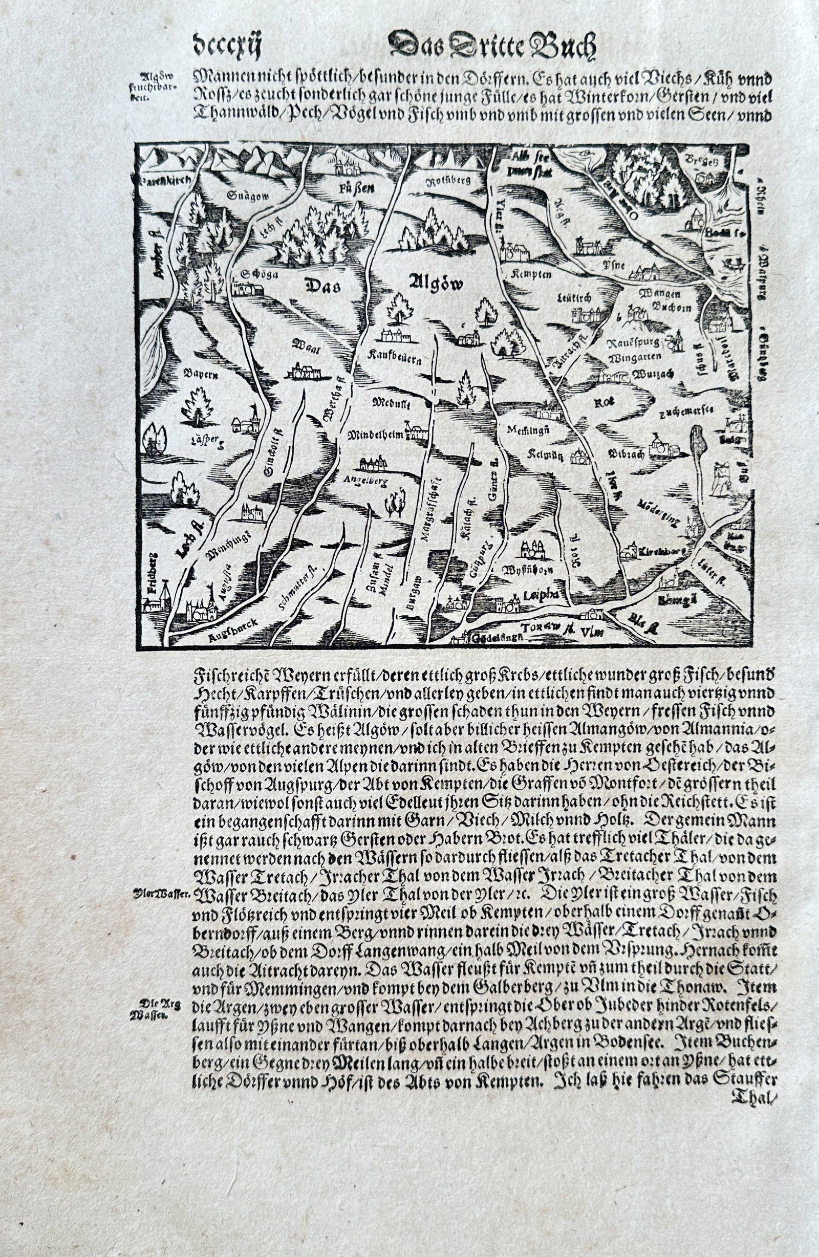 Sebastian Munster (1488–1552) – Germany - Antique Region of the Allgäu in Swabia & Bavaria –: This antique woodcut is from a later edition of Sebastian Munster’s Cosmographia. The woodcut depicts the Allgäu region of southern Germany, showing its cities, rivers, and topography. The work is
