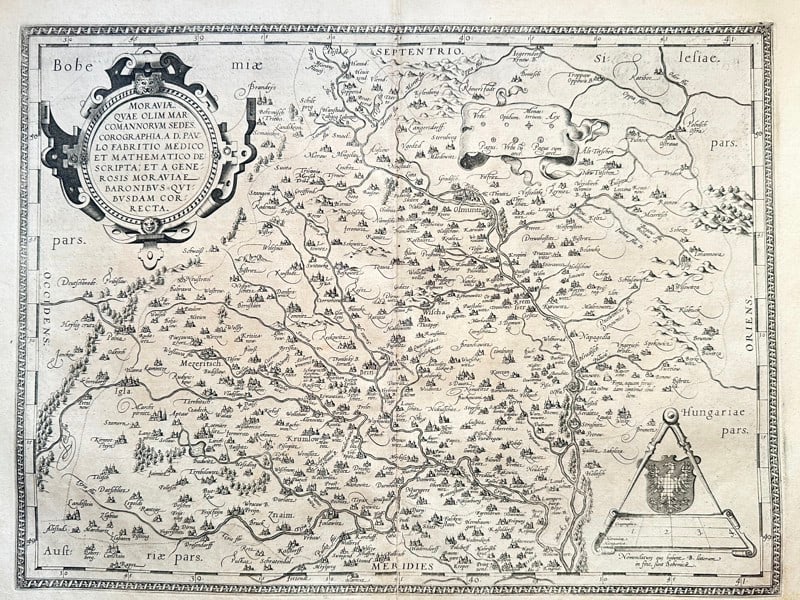 Abraham Ortelius (1527–1598) – Map of Czech Republic - Moravia - Engraving: This highly detailed copperplate engraving presents a significant map titled "MORAVIA. QUAE OLIM MAP. ROMANORUM SEDES." (Moravia. Which was once the seat of the Romans.). The map intricately delineate