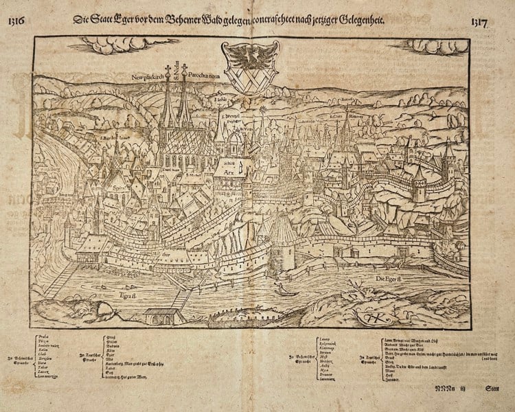Sebastian Münster – View of the City of Eger (Cheb), Bohemia – Woodcut: This detailed woodcut presents a panoramic view of the city of Eger (now Cheb, in the Czech Republic), located near the western border of Bohemia. The city is shown in Münster’s characteristic bird