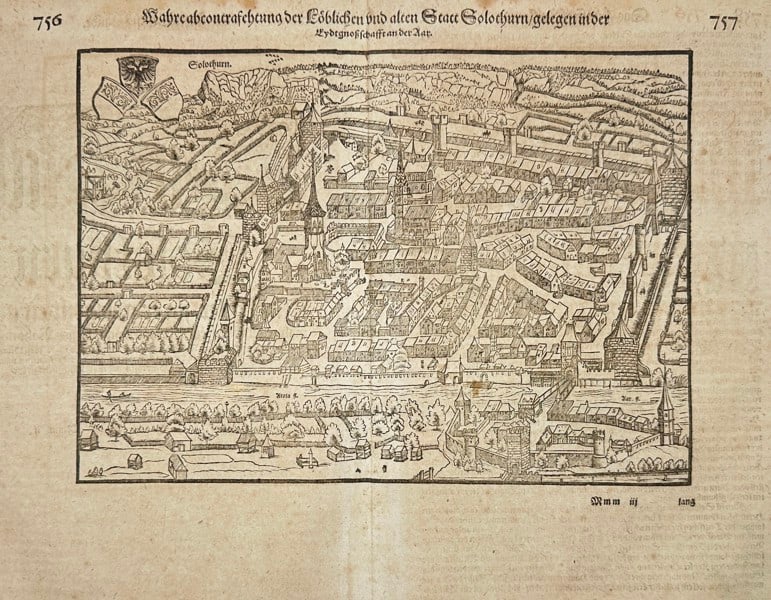 Sebastian Münster – View of Solothurn, Switzerland – Woodcut from Cosmographia: This antique woodcut presents a panoramic view of the city of Solothurn (Soleure), situated along the Aare River in Switzerland. The city is depicted with its medieval fortifications, church towers, a