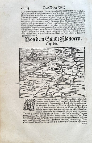 Sebastian Münster (1488–1552) – The Land of Flanders, Belgium – Woodcut (1592): This page features a woodcut map from the 1592 edition of Sebastian Münster's influential work, Cosmographia. The print depicts the historical region of Flanders, located in modern-day Belgium, showi