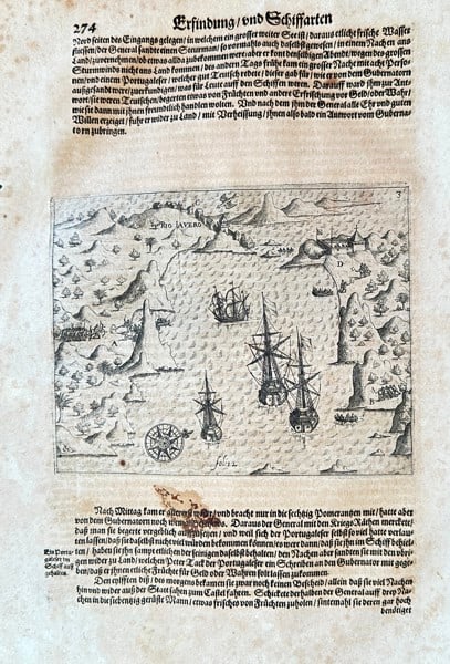 Sebastian Münster – Discovery and Voyages: Map of Brazil – Woodcut: This historical woodcut, titled "Erfindung vnd Schiffarten" (Discovery and Voyages), presents an early map of "BRASILIA" (Brazil). The map depicts a coastal region with islands and several sailing shi