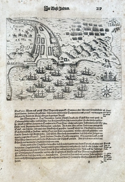 Theodor de Bry (1528–1598) – View of the City and Harbor of Santo Domingo – Engraving (1 of 3)