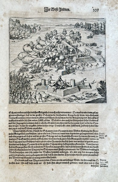 Theodor de Bry (c. 1528–1598) – A Siege and Battle in the West Indies – Engraving (1 of 3)