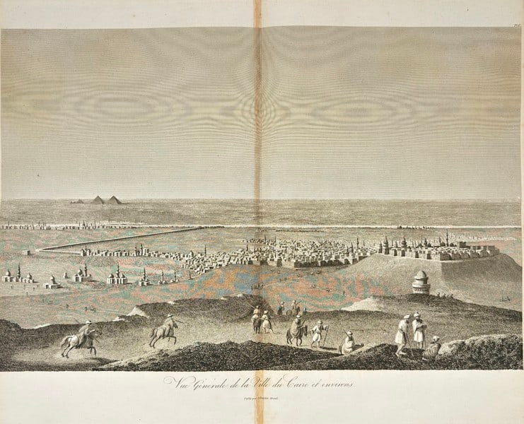 Dominique Vivant Denon (1747–1825) – Topography – View of Cairo and Surroundings: This antique engraving by Dominique Vivant Denon depicts a panoramic view of Cairo and its surroundings, capturing the city’s architectural landmarks and landscape during the early 19th century. The