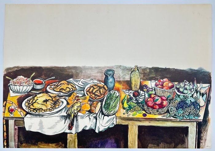 Renato Guttuso (1911-1987) – Banquet Table with Roasted Chicken and Fruit – Silkscreen / (1 of 3)