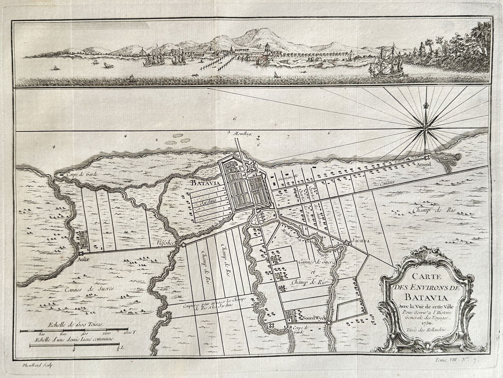 Antoine François Prévost (1697–1763) – Map and View of the Environs of Batavia (Jakarta) –: This important and detailed composite engraving, titled Map and View of the Environs of Batavia, illustrates the city of Batavia (modern Jakarta, Indonesia), the strategic capital of the Dutch East In
