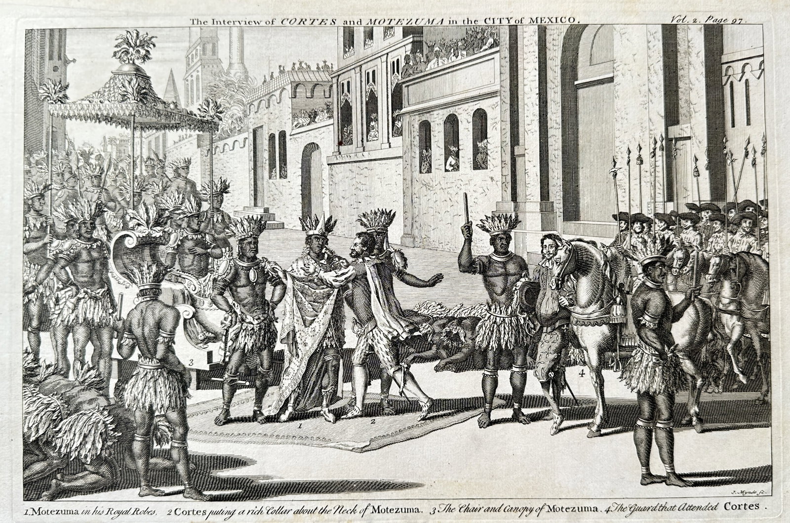 John Harris (1667–1719) – The Interview of Cortes and Montezuma in the City of Mexico – (1 of 3)