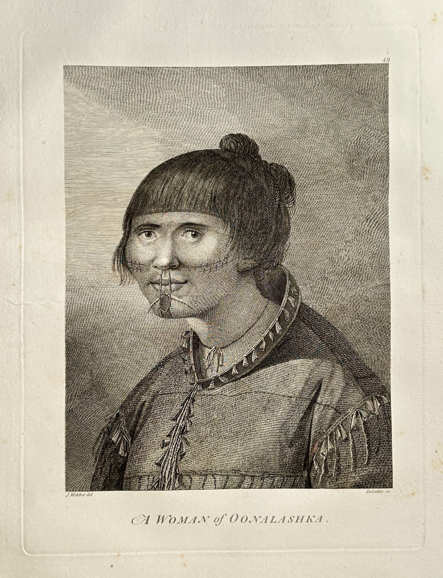 John Webber (1751–1793) – A Woman of Oonalashka – Engraving (1784): This engraving is an important ethnographic portrait titled A Woman of Oonalashka, depicting an Aleut woman from Unalaska Island in Alaska (North America). The subject is shown in detailed traditional
