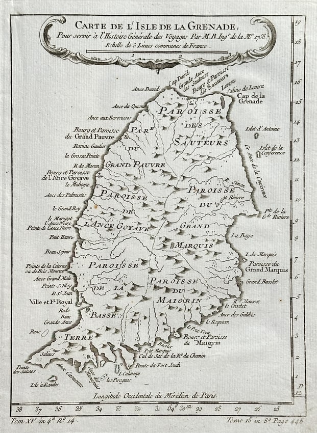 Antoine François Prévost (1697–1763) – Map of the Island of Grenada – Engraving (1 of 2)