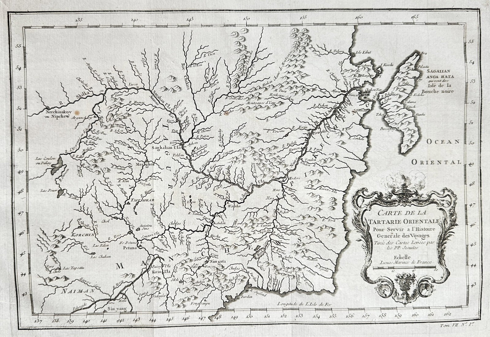 Jacques-Nicolas Bellin – Map of Eastern Tartary, Drawn from the Jesuit Maps: This detailed geographical map charts Eastern Tartary, a vast region encompassing present-day Manchuria (China) and the Russian Far East, including the remote island of Sakhalin. The map highlights th