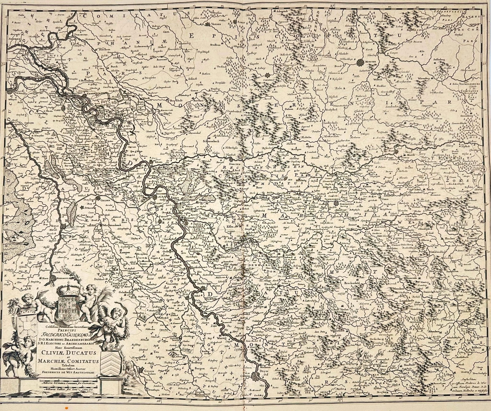 Frederik de Wit (1629–1706) – Map of Germany - Clivia Ducatus and the Counties: This finely engraved map by Frederik de Wit presents the Duchy of Cleves (Clivia Ducatus), the County of Mark, and the County of Ravensberg, regions in the Holy Roman Empire located near present-day w