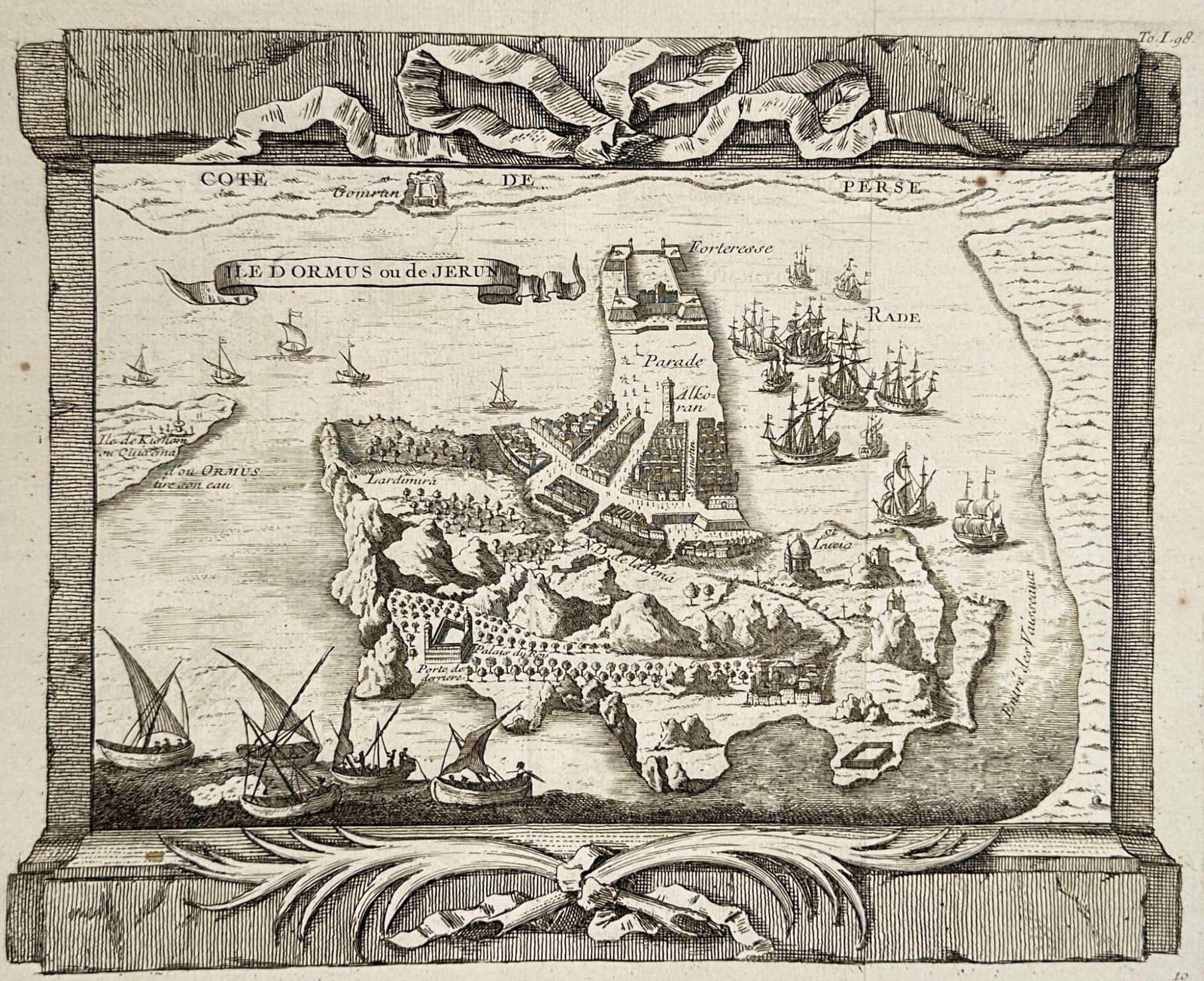 Antoine-François Prévost d'Exiles (1697–1763) – Map of Iran - Plan of the Island: This historical bird's-eye view city plan depicts the fortified city and island of Ormuz (Hormuz) in the Strait of Hormuz (also labeled Ile de Ieron or Gerun). The map showcases the heavily defended P