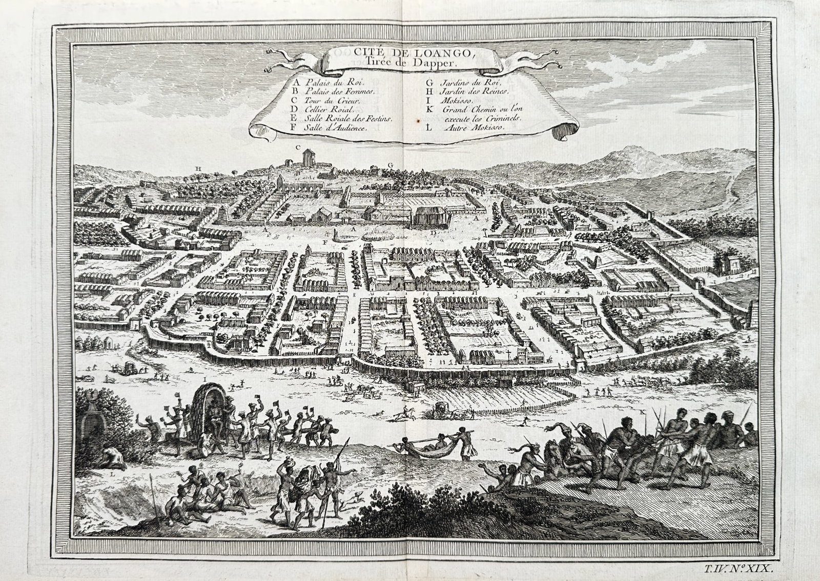 Jacques-Nicolas Bellin (1703–1772) – City of Loango (Congo) – Engraving (1747): This detailed copperplate engraving, titled "Cité de Loango, tirée du propre", presents a topographical bird's-eye view of the city of Loango (Mbanza Loango), the capital of the historical Kingdom o