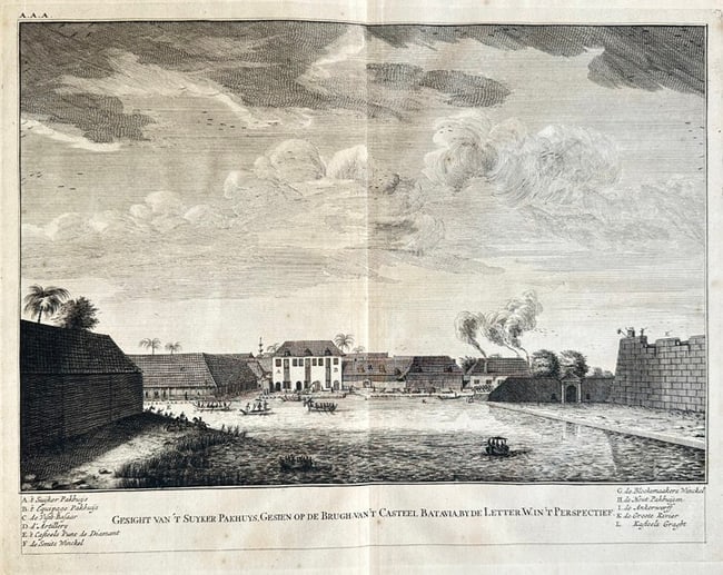 François Valentijn – View of the Sugar Warehouse of Batavia - Indonesia / Jakarta: This detailed copperplate engraving presents a historical panoramic view of the Sugar Warehouse in Batavia (present-day Jakarta), as seen from the vicinity of the castle by the sea, looking towards th