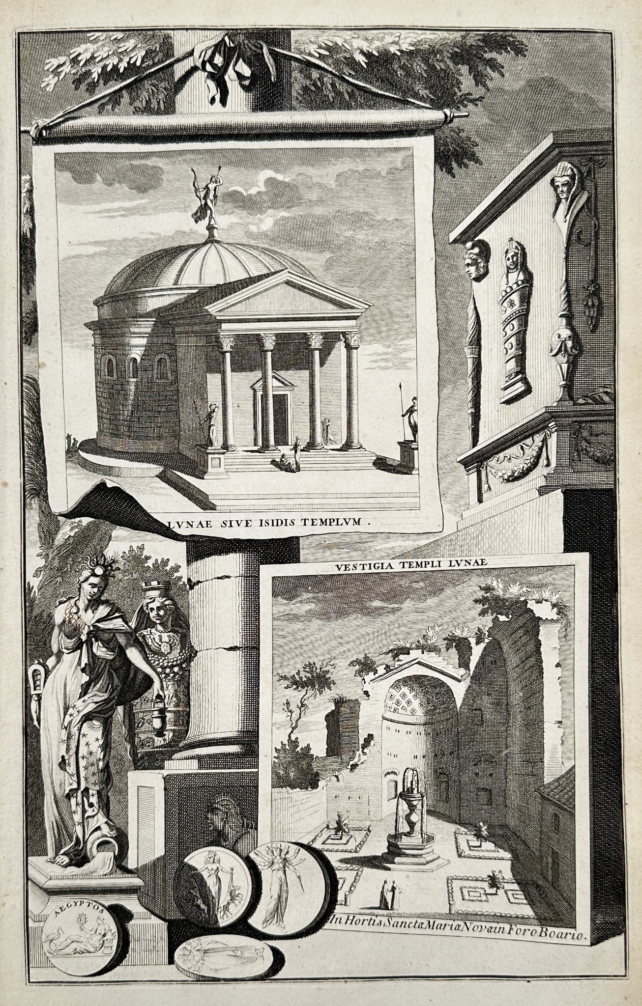 Jan Pieter Sluyter (1675–1713) – Views of Roman Antiquities: Temple of Vesta: This engraving is a composite illustration of ancient Roman architectural and sculptural fragments located in Rome, Italy. The upper section presents a framed, reconstructed view of the Temple of Vest
