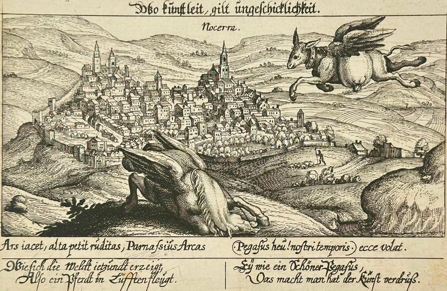 Daniel Meisner – Nocera Umbra (Nocerra in Umbria) – Original Etching: This allegorical etching by Daniel Meisner shows a panoramic view of the Italian town of Nocera Umbra in Umbria, depicted in fine detail with its clustered rooftops and hilltop setting. Above the city