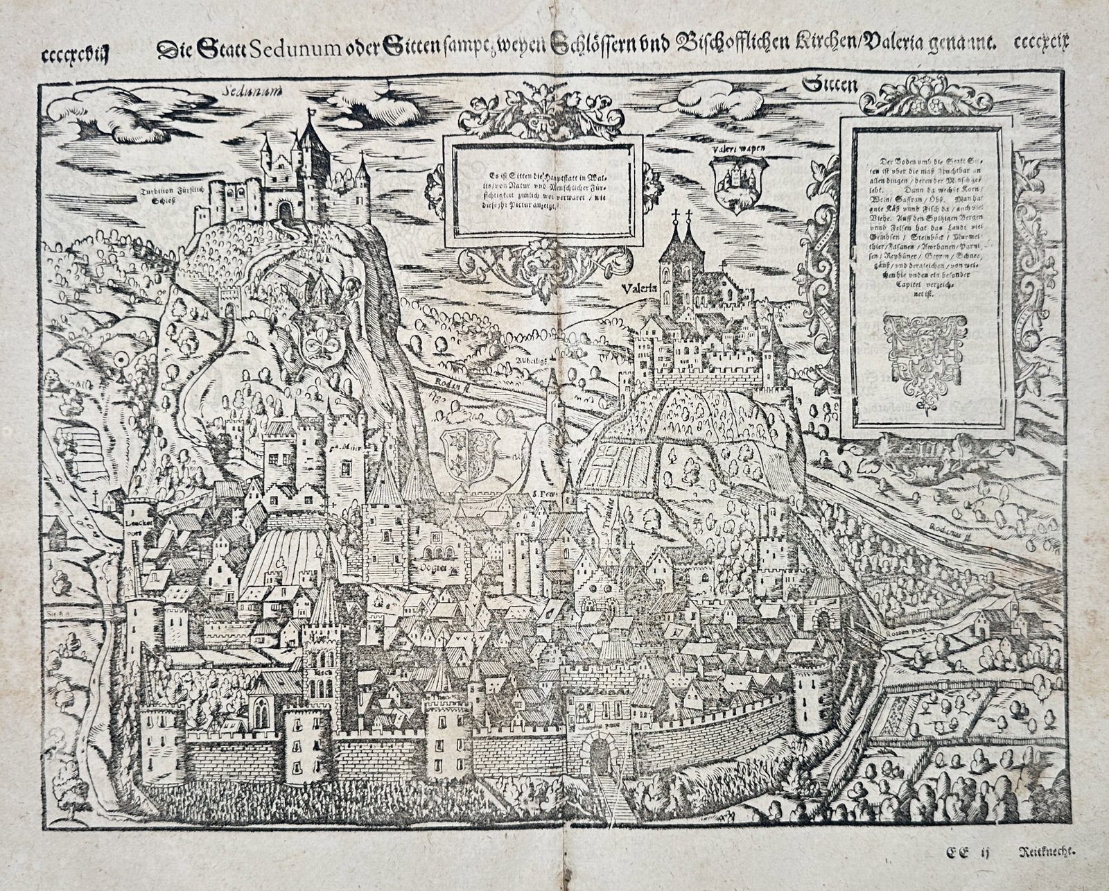 Sebastian Münster (1488–1552) – View of Sion (Sitten, Switzerland) – Woodcut: This large woodcut provides a detailed bird's-eye topographical view of the city of Sion (Sitten in German), the capital of the canton of Valais in Switzerland. The view prominently features the city 