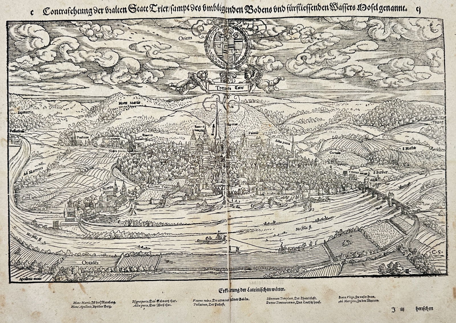 Sebastian Münster (1488–1552) – View of the City of Trier (Germany) - Woodcut: This print is a large, detailed double-page folio woodcut from a German edition of the monumental geographical treatise, the Cosmographia. The main heading reads Contrafactur der kaiserlichen Statt Tr