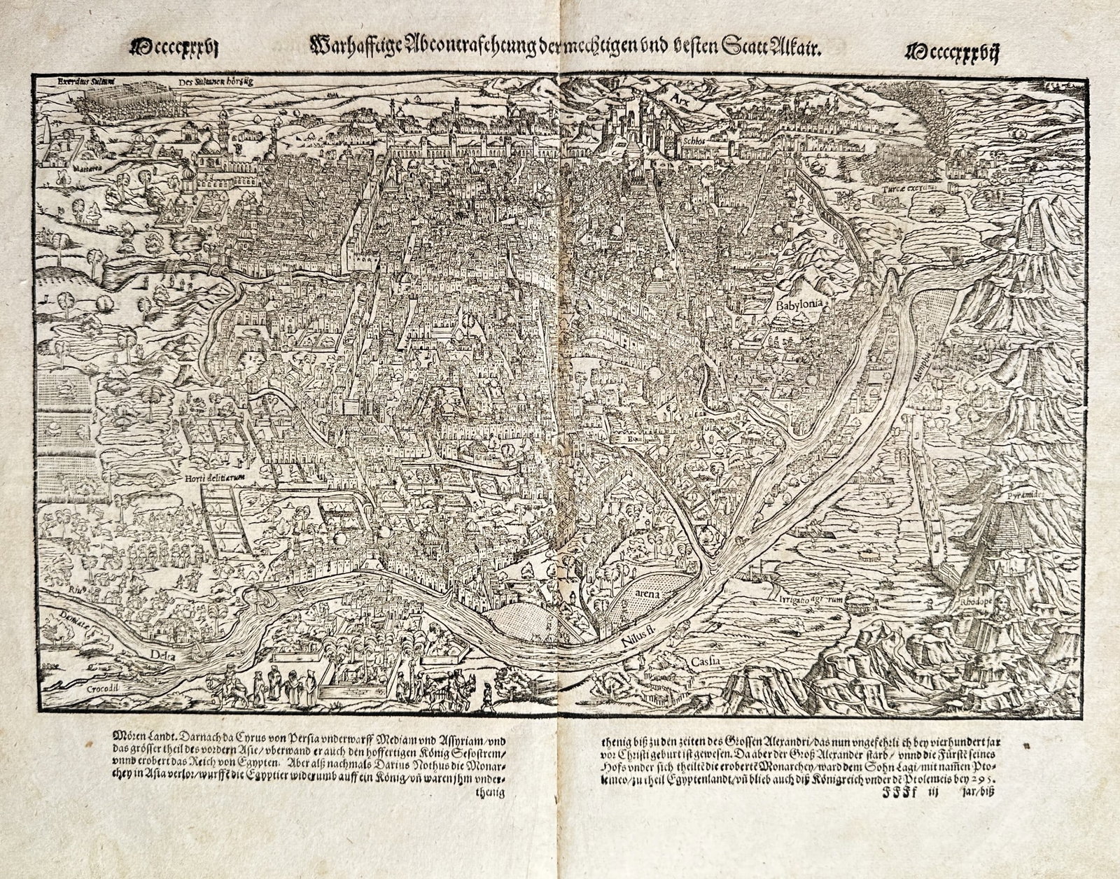 Sebastian Münster (1488–1552) – True Representation of the Glorious and Mâcon: This sheet is an original double-page map and text spread, titled "Warhafftige Abconterfactung der Herrlichen und Besten Statt Mäcker" (True Representation of the Glorious and Best City of Mâcon). T