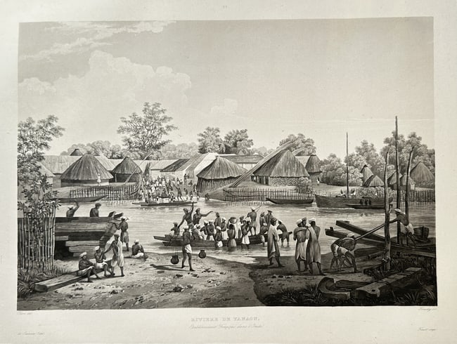 Louis Auguste de Sainson (1800–1873) – River in Tabaco, French Settlement in Cochinchina: This detailed topographical print, titled River in Tabaco, French Settlement in Cochinchina, captures a bustling scene on a riverbank in Cochinchina (Southern Vietnam, Southeast Asia). The image docum