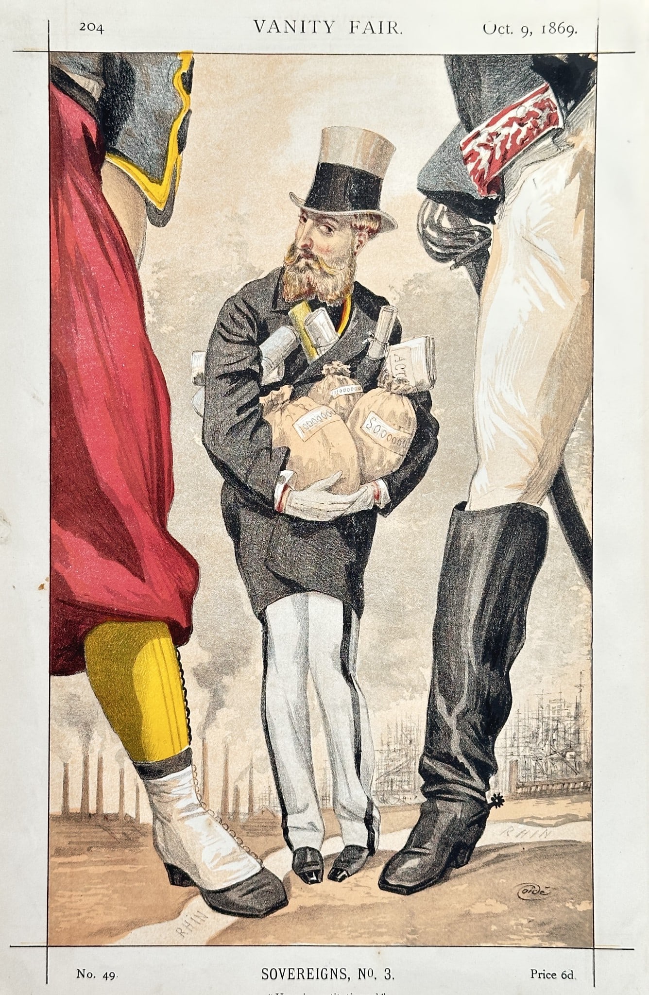 James Jacques Tissot – Sovereigns, No. 3: Leopold II, King of the Belgians: This political caricature depicts Leopold II, King of the Belgians, as a diminutive figure standing between two looming, faceless guards. King Leopold, in civilian dress, is shown clutching bags of mo
