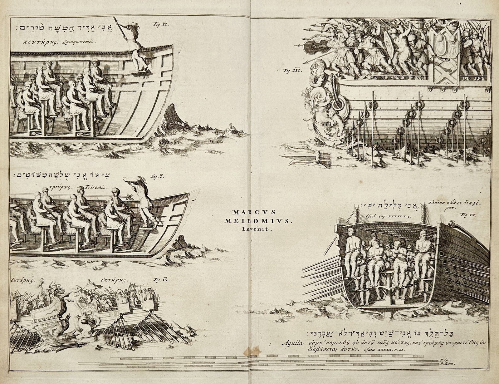 Marcus Meibomius (c. 1630–1710/1711) – Illustrations for the Work on Triremes: This engraving is an anatomical and technical diagram illustrating the construction and organization of the oarsmen within the ancient Greek warship, the trireme. The plate is divided into four number