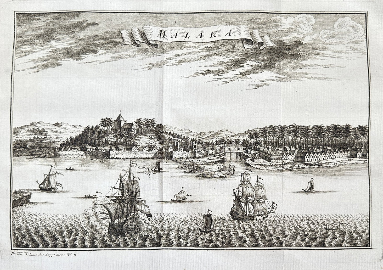 Johan Nieuhof (1618–1672) – View of Malacca – Engraving (Circa 1750): This expansive topographical print captures a detailed view of Malacca (Malakka), Malaysia, a major hub for East Indian trade and a key Dutch colonial outpost during the 17th and 18th centuries. The h