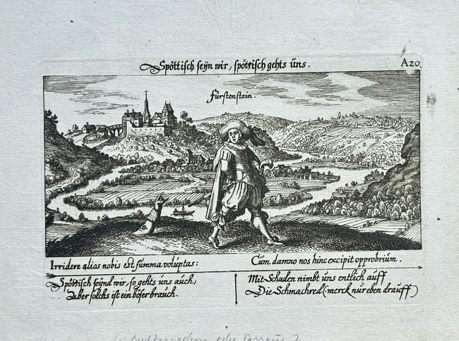 Daniel Meissner – Fürstenstein Castle (Albungen) from Meissner's Thesaurus Mundi: This detailed engraving, depicting Burg Fürstenstein (Fürstenstein Castle) in Albungen, originates from Daniel Meissner’s "Thesaurus Philo-Politicus" (also known as Meissner's Schatzkästlein), a 