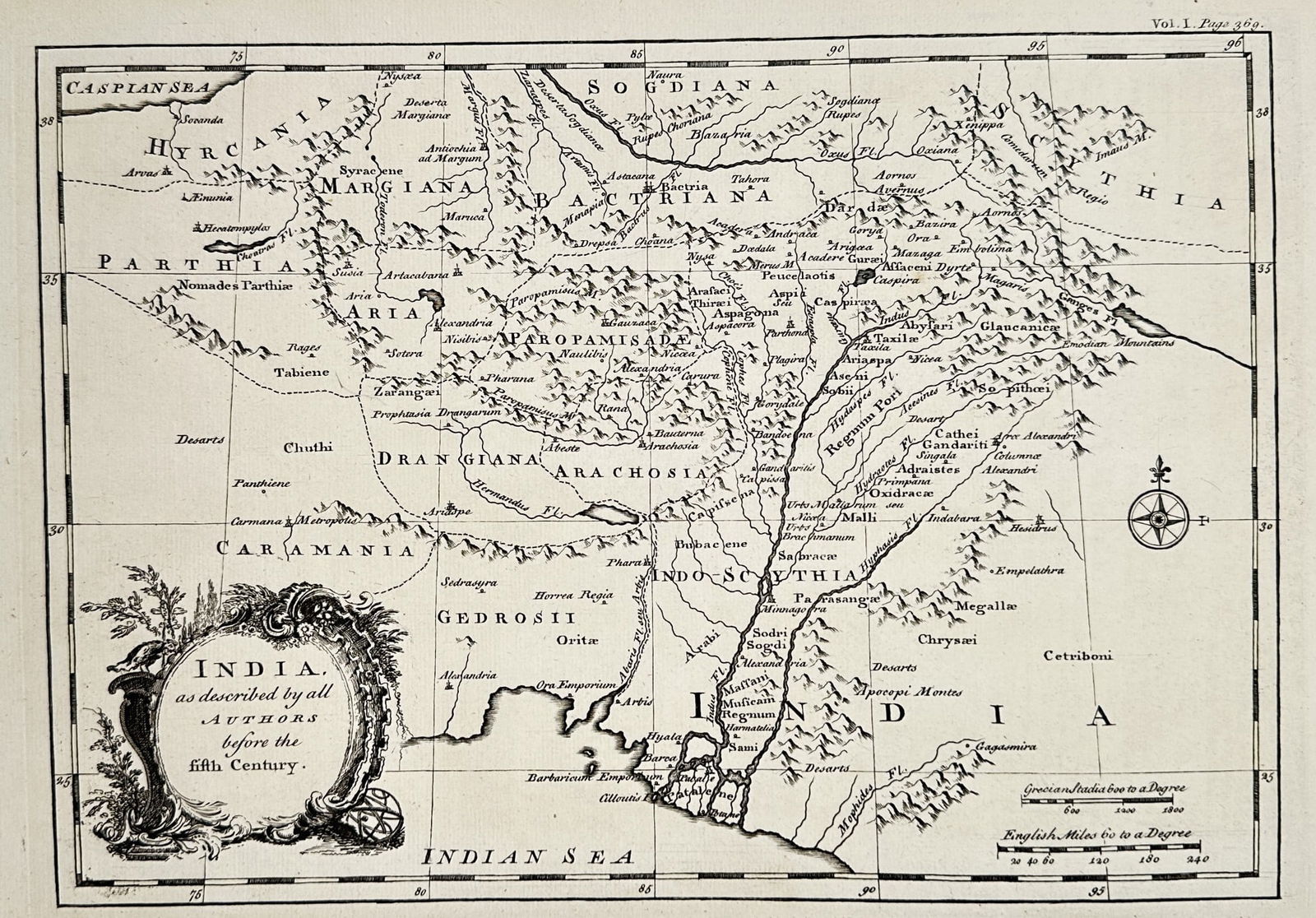 Antoine François Prévost (1697–1763) – Map of India as described by all Authors: This engraving is a historical map of Ancient India and adjacent territories, as understood by authors before the 5th century. It details regions Parthia, Aria, Gedrosia, and Indo-Scythia, extending f