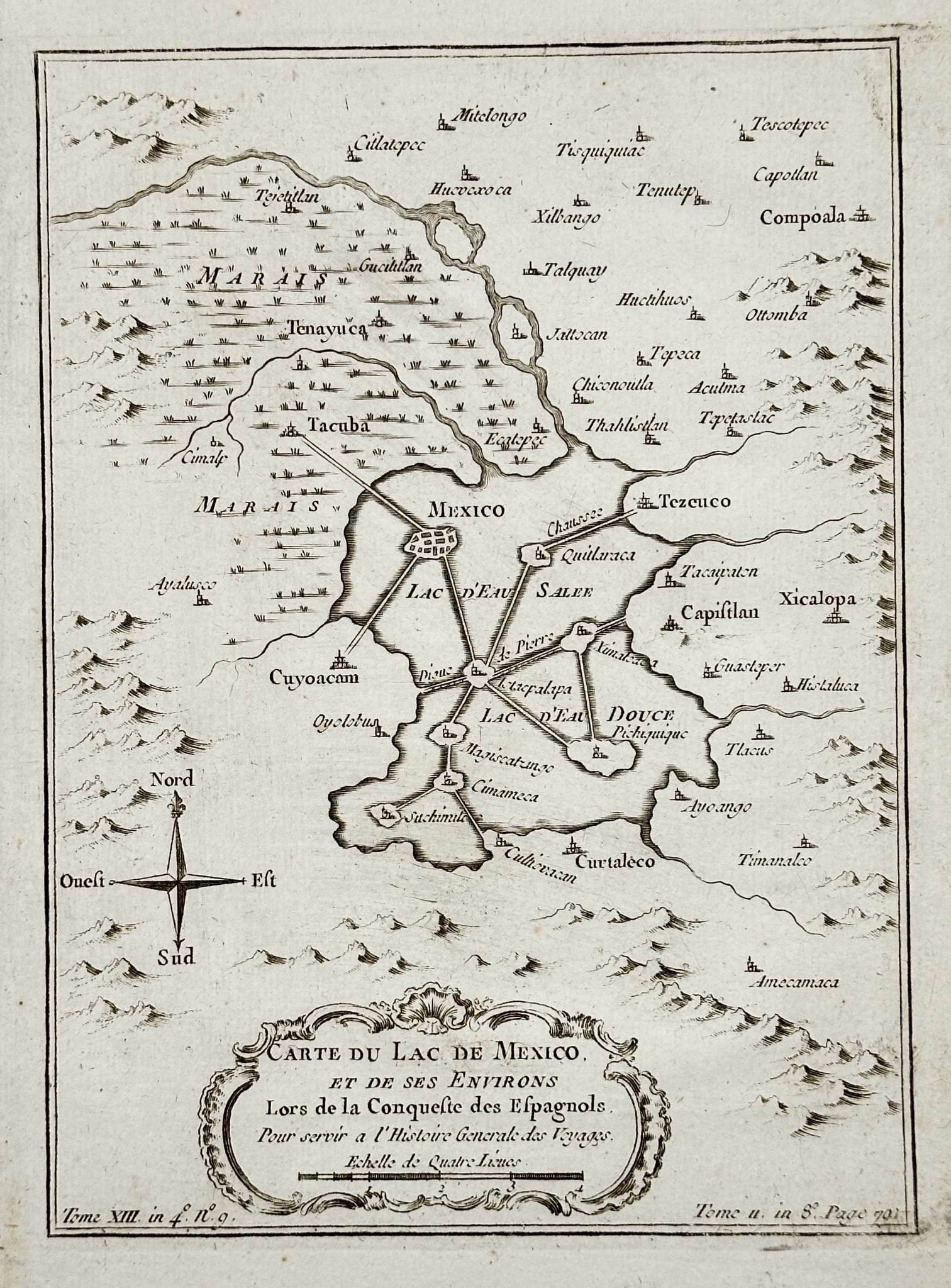 Antoine François Prévost (1697–1763) – Map of the Lake of Mexico and its Enviroment: This engraving is a historical map of the Lake of Mexico, depicting the region at the time of the Spanish conquest. It shows the interconnected system of lakes, including the "Lac de Mexico" and "Lac