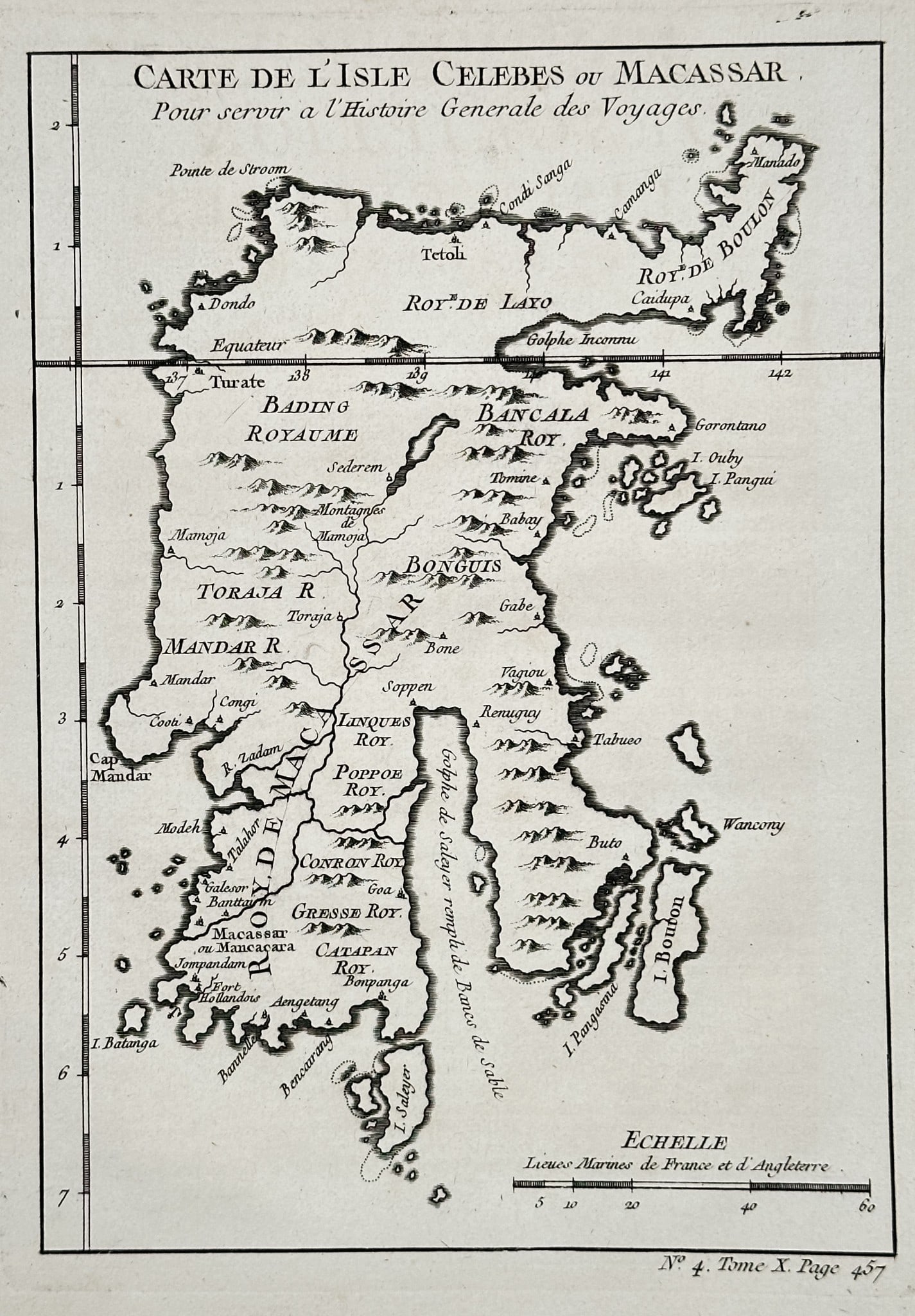 Antoine François Prévost (1697–1763) – Map of the Island of Celebes or Macassar: This engraving is a detailed map of the Island of Celebes, now Sulawesi in Indonesia, also referred to as Macassar. It illustrates the various kingdoms and regions of the island, Mandar, Lingoero, and