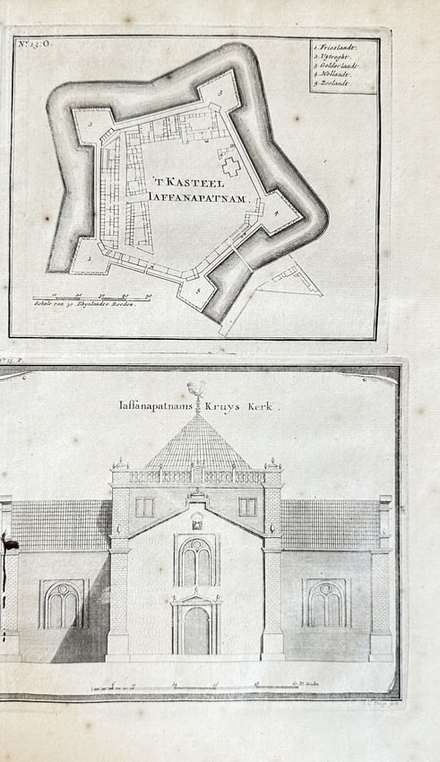 François Valentijn (1666–1727) – Plan of Jaffanapatnam Castle and Church: This engraving features two distinct detailed illustrations related to Jaffanapatnam (present-day Jaffna) in Ceylon (now Sri Lanka). The upper section displays a precise plan of "T' Kasteel Jaffanapat