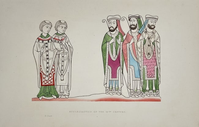 Henry Shaw – Ecclesiastics of the 12th Century – Hand-coloured Engraving: This detailed hand-coloured engraving illustrates Ecclesiastics of the 12th Century, showcasing the style of liturgical garments worn by clergy during the high medieval period. The figures stand in tw