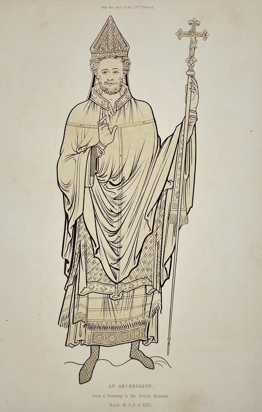 Henry Shaw – An Archbishop (Near the End of the 12th Century) – Engraving: This engraving presents a detailed illustration of an Archbishop in full liturgical vestments.The figure is shown frontally, wearing a mitre and holding an archiepiscopal cross, with the extensive dra