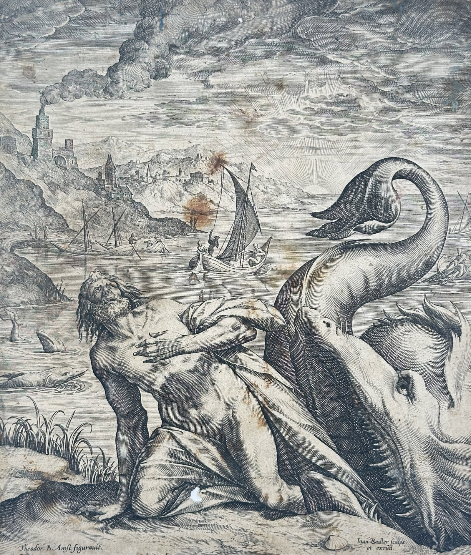 Jan Sadeler (1550–1600) – Jonah Spat Up by the Whale – Engraving (Circa 1580): This print is an engraving depicting the Biblical scene Jonah Spat Up by the Whale. The central foreground features the nude, muscular figure of Jonah, kneeling in exhaustion and gratitude on a small 