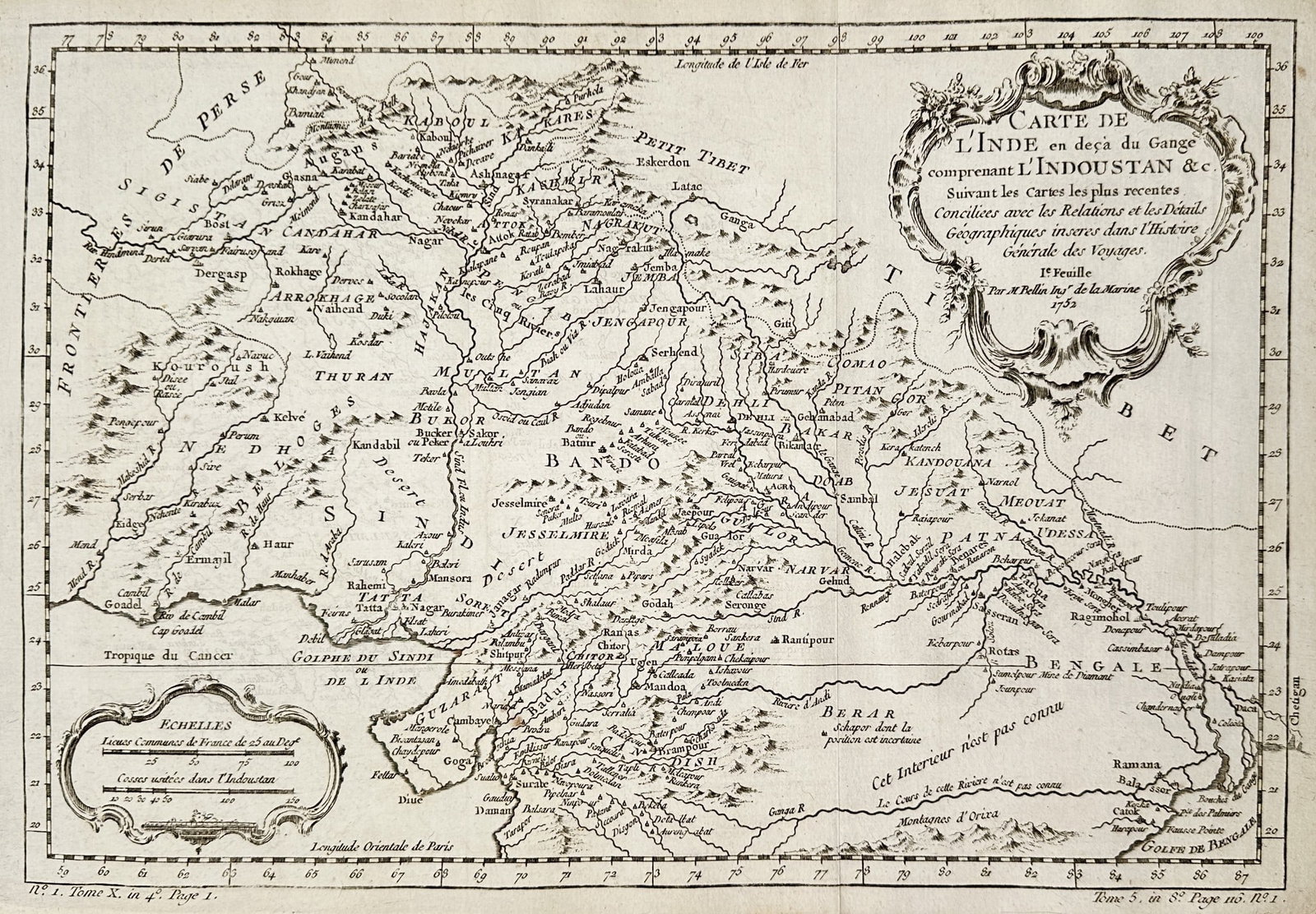 Jacques-Nicolas Bellin (1703–1772) – Map of India and the Kingdom of Hindustan: This topographical work is an engraved Map of India on this side and beyond the Ganges comprising Hindustan. The title cartouche notes that the map was compiled from the most recent Relations and Geog