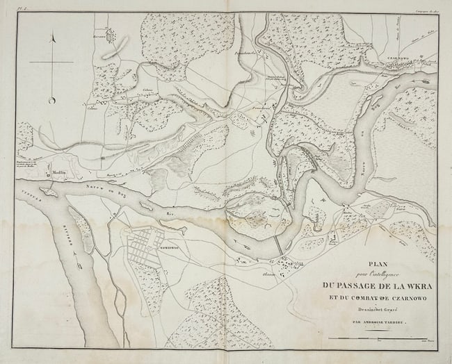 Ambroise Tardieu – Map of Poland - the Passage of the Wkra and the Battle of Czarnowo: This engraved map by Ambroise Tardieu illustrates the passage of the Wkra River and the Battle of Czarnowo, a military engagement fought during the Napoleonic Wars in December 1806. The map displays t