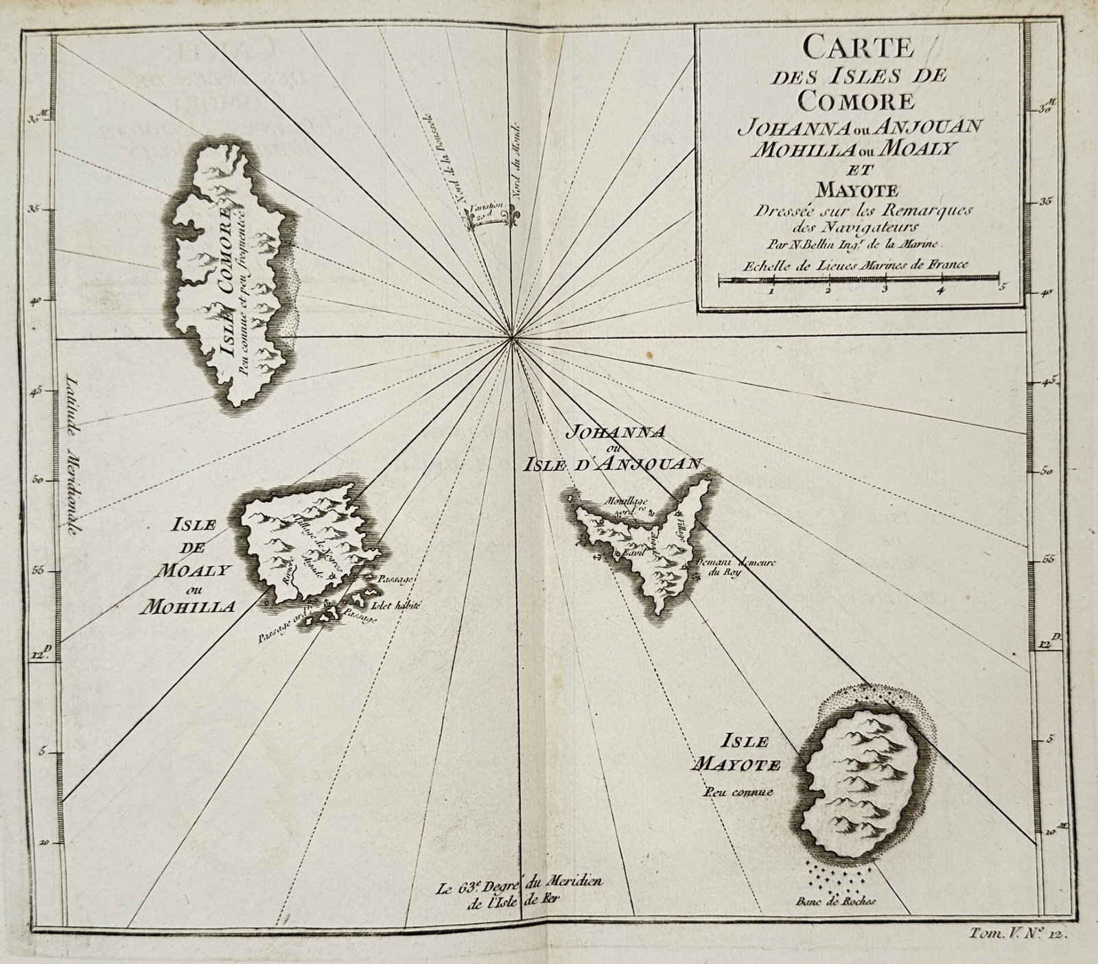 Jacques-Nicolas Bellin (1703–1772) – Map of East Africa - the Comoros Islands: This essential nautical chart depicts the main islands of the Comoros Archipelago in the Indian Ocean, located between Africa and Madagascar. The map individually labels the major islands using their 
