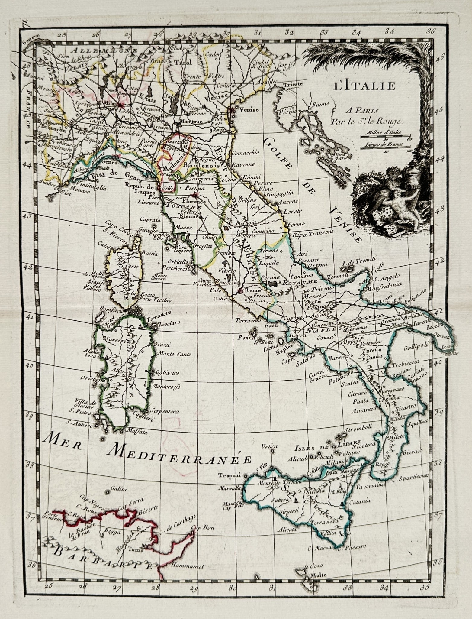 Georges-Louis Le Rouge (c. 1712–c. 1790) – Map of Italy / L'Italie – Engraving: This map is a geographical chart depicting Italy and its surrounding islands, including Sicily, Sardinia, and Corsica. The title, L'ITALIE, is prominently displayed in a decorative cartouche in the up