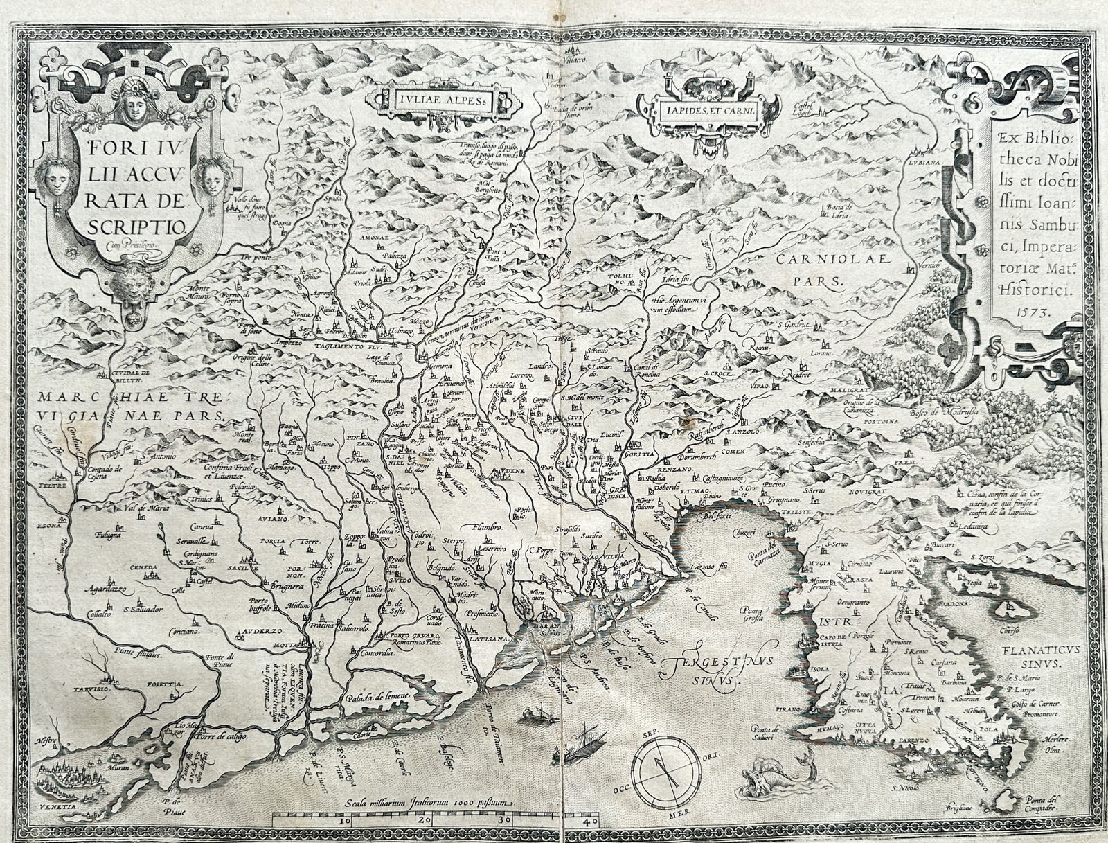 Abraham Ortelius (1527–1598) after Onofrio Furlanich (fl. 1570s) – Map of Italy: This detailed engraved map, titled "FORI IVLII ACCVRATA DESCRIPTIO. O. FORCVLIANO AVCTORE. MDLXXI.", was compiled by Abraham Ortelius based on the work of Onofrio Furlanich. Published in 1573, it appe