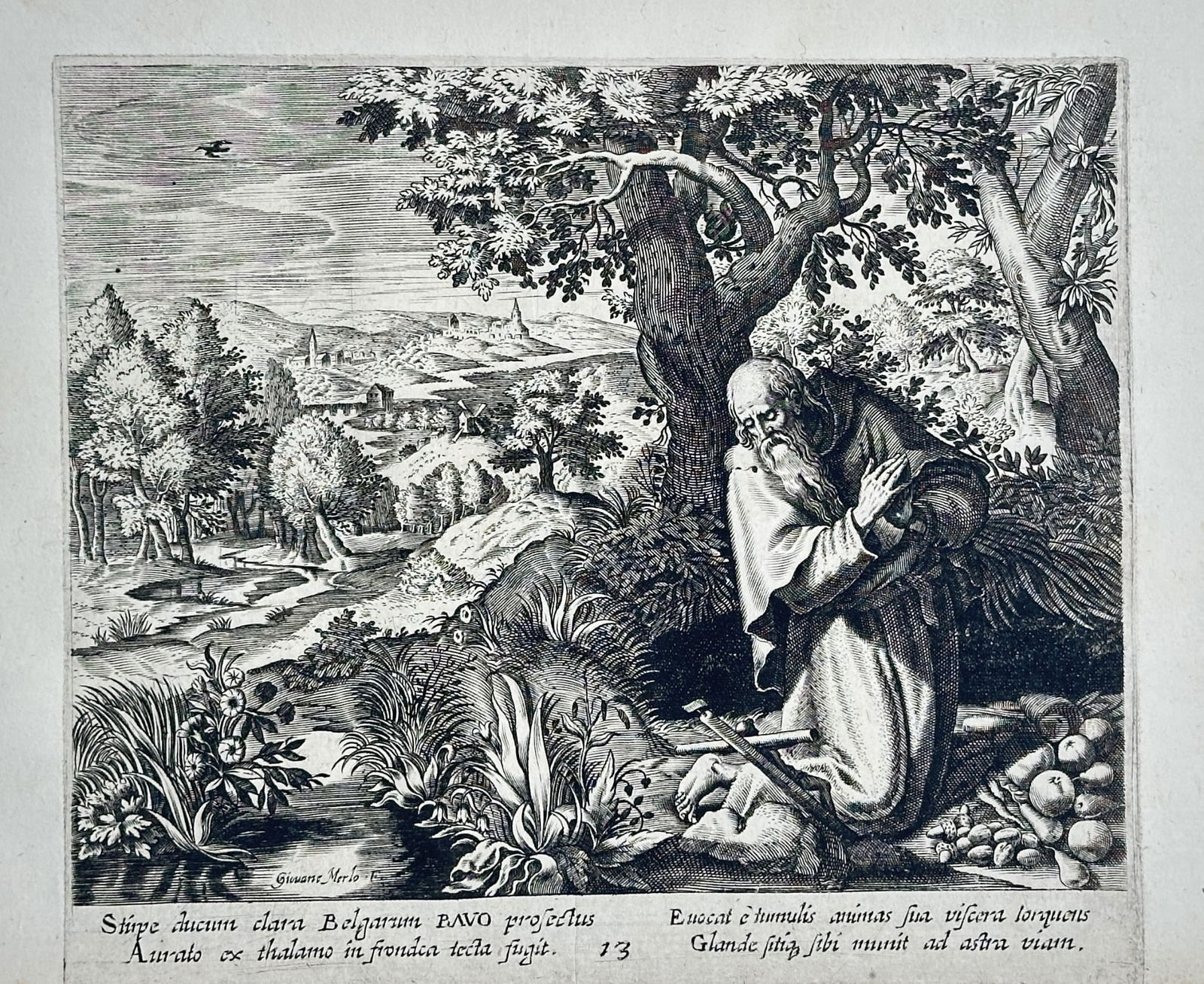 Marten de Vos (1532–1603) – Saint Bavon of Ghent as a Hermit – Engraving (1 of 3)